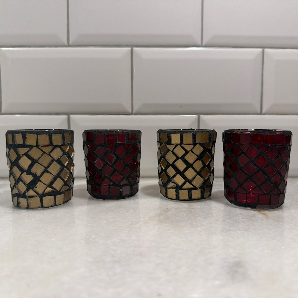 Set Of 4 Vintage Mosaic Glass Tealight Holders Gold Red